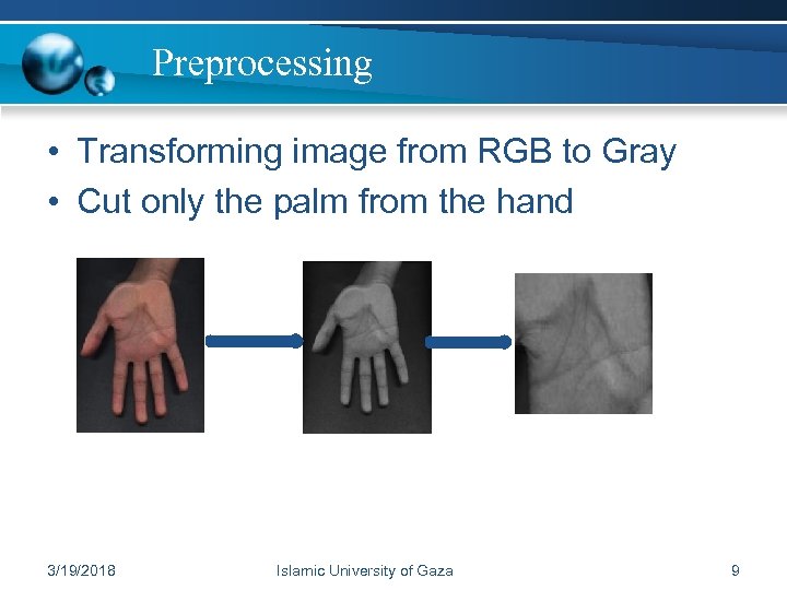 Preprocessing • Transforming image from RGB to Gray • Cut only the palm from