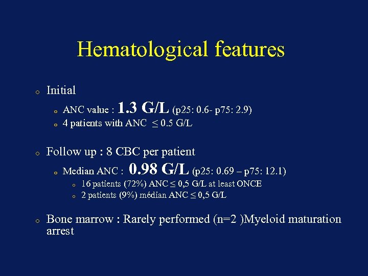 Hematological features o Initial o o o 1. 3 G/L ANC value : (p