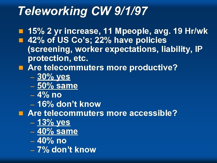 Teleworking CW 9/1/97 15% 2 yr increase, 11 Mpeople, avg. 19 Hr/wk 42% of