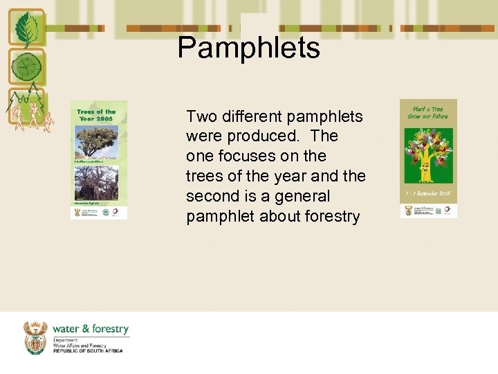 Pamphlets Two different pamphlets were produced. The one focuses on the trees of the