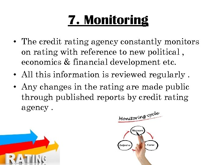 7. Monitoring • The credit rating agency constantly monitors on rating with reference to