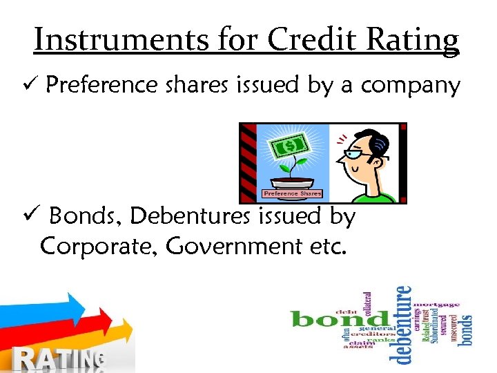 Instruments for Credit Rating ü Preference shares issued by a company ü Bonds, Debentures