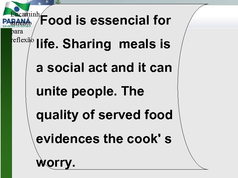 Encaminh amento para reflexão Food is essencial for life. Sharing meals is a social