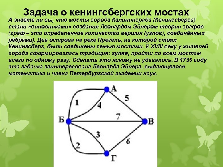 Задача о кенингсбергских мостах А знаете ли вы, что мосты города Калининграда (Кенингсберга) стали