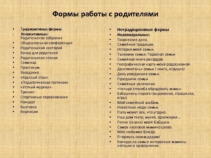 Формы работы с родителями • • • • • Традиционные формы • Коллективные: •