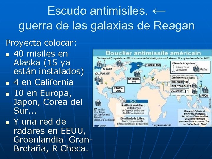 Escudo antimisiles. ← guerra de las galaxias de Reagan Proyecta colocar: n 40 misiles