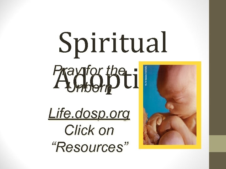 Spiritual Pray for the Adoption Unborn Life. dosp. org Click on “Resources” 