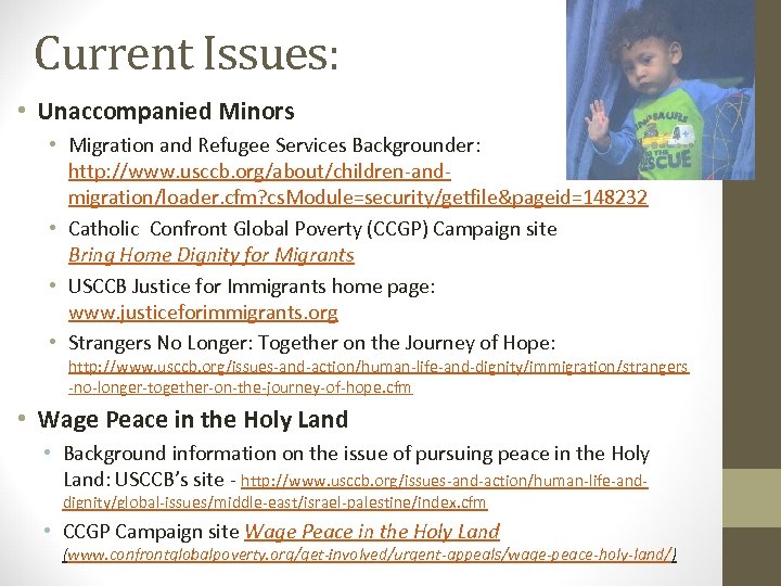 Current Issues: • Unaccompanied Minors • Migration and Refugee Services Backgrounder: http: //www. usccb.