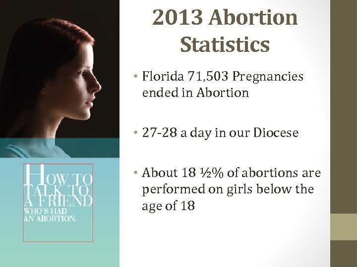 2013 Abortion Statistics • Florida 71, 503 Pregnancies ended in Abortion • 27 -28