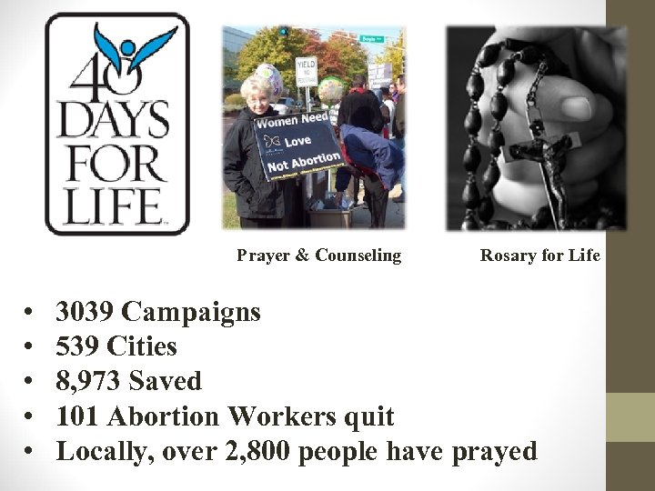 Prayer & Counseling • • • Rosary for Life 3039 Campaigns 539 Cities 8,