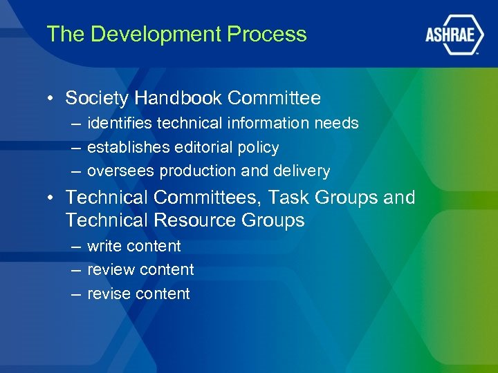 The Development Process • Society Handbook Committee – identifies technical information needs – establishes