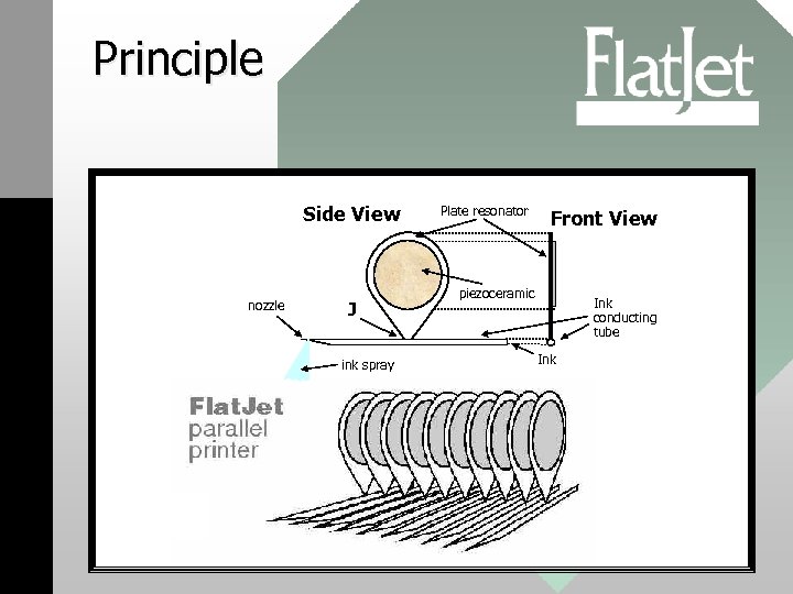 Principle Side View nozzle J ink spray Plate resonator Front View piezoceramic Ink conducting