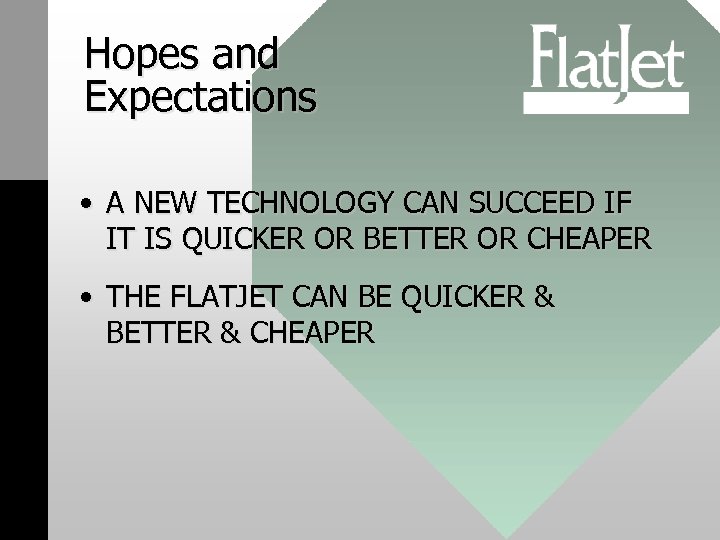 Hopes and Expectations • A NEW TECHNOLOGY CAN SUCCEED IF IT IS QUICKER OR