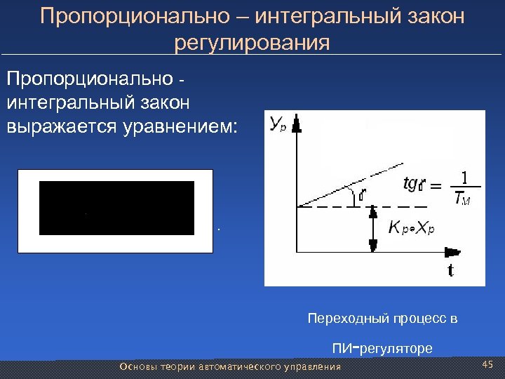 Пропорционально – интегральный закон регулирования Пропорционально - интегральный закон выражается уравнением: . Переходный процесс