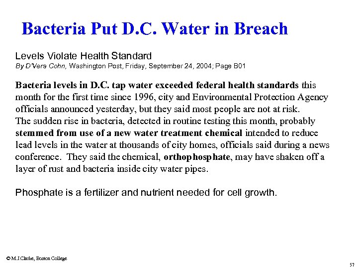 Bacteria Put D. C. Water in Breach Levels Violate Health Standard By D'Vera Cohn,