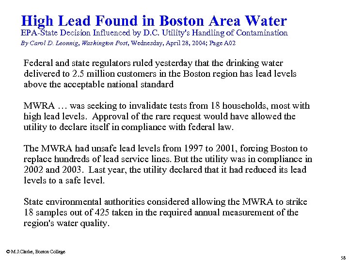 High Lead Found in Boston Area Water EPA-State Decision Influenced by D. C. Utility's