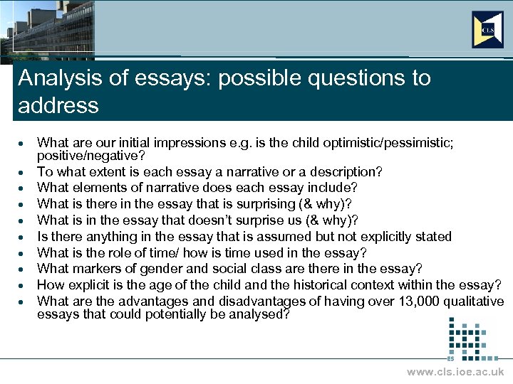 Analysis of essays: possible questions to address · · · · · What are