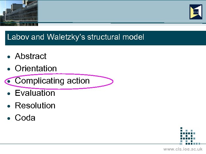 Labov and Waletzky’s structural model · · · Abstract Orientation Complicating action Evaluation Resolution