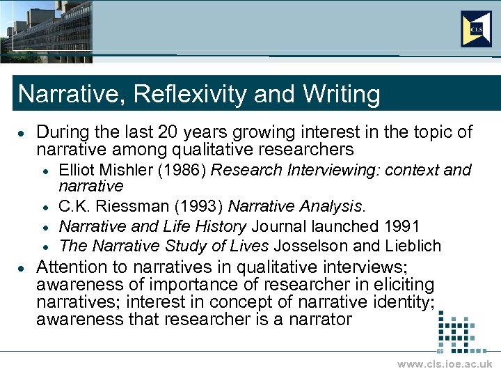 Narrative, Reflexivity and Writing · During the last 20 years growing interest in the