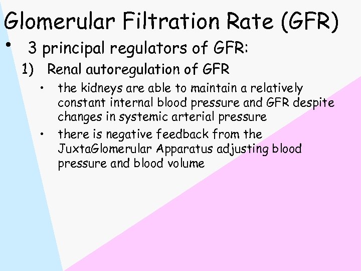 Glomerular Filtration Rate (GFR) • 3 principal regulators of GFR: 1) Renal autoregulation of