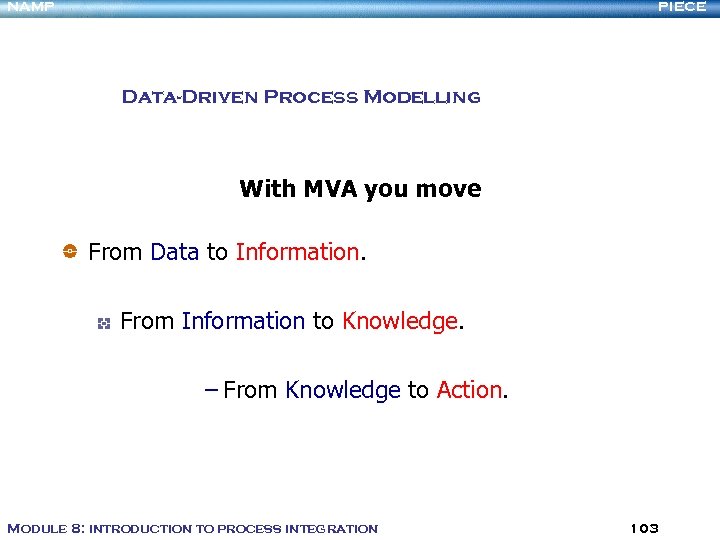 NAMP PIECE Data-Driven Process Modelling With MVA you move From Data to Information. From