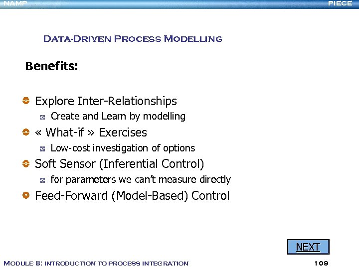 NAMP PIECE Data-Driven Process Modelling Benefits: Explore Inter-Relationships Create and Learn by modelling «