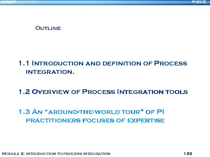 NAMP PIECE Outline 1. 1 Introduction and definition of Process integration. 1. 2 Overview