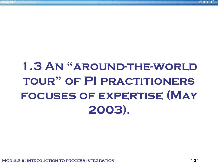 NAMP PIECE 1. 3 An “around-the-world tour” of PI practitioners focuses of expertise (May