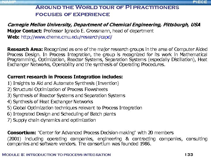 NAMP Around the World tour of PI practitioners focuses of experience PIECE Carnegie Mellon