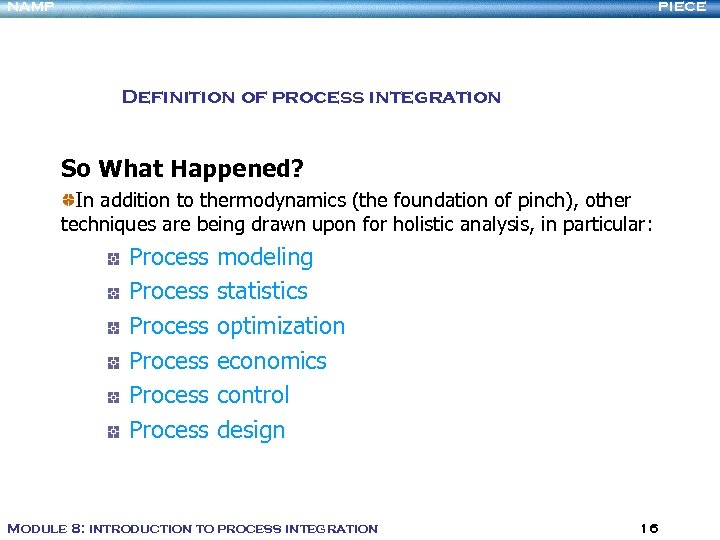 NAMP PIECE Definition of process integration So What Happened? In addition to thermodynamics (the
