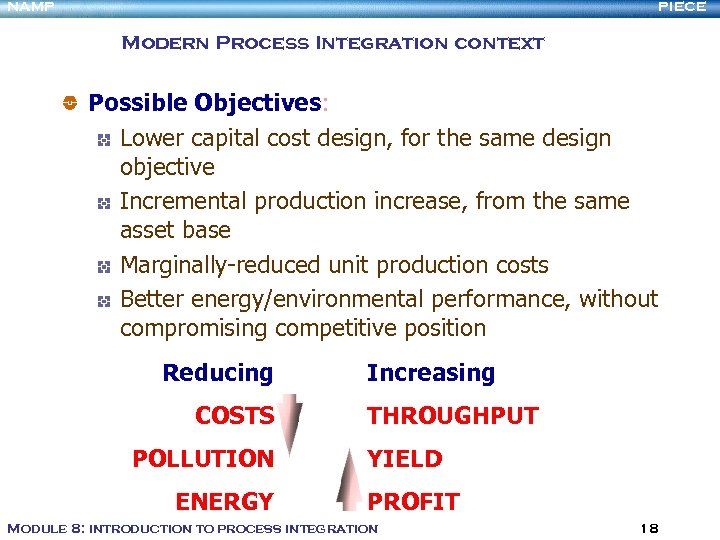 NAMP PIECE Modern Process Integration context Possible Objectives: Lower capital cost design, for the
