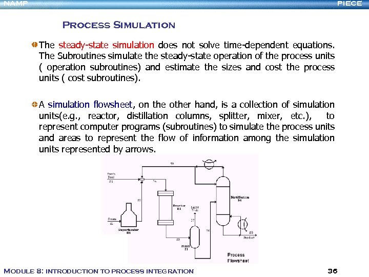 NAMP PIECE Process Simulation The steady-state simulation does not solve time-dependent equations. The Subroutines