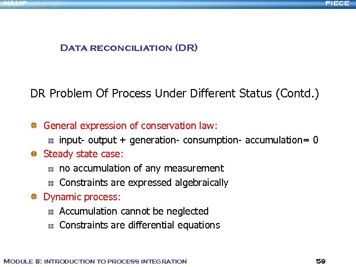 NAMP PIECE Data reconciliation (DR) DR Problem Of Process Under Different Status (Contd. )