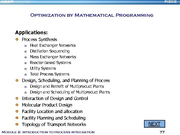 NAMP PIECE Optimization by Mathematical Programming Applications: Process Synthesis Heat Exchanger Networks Distillation Sequencing