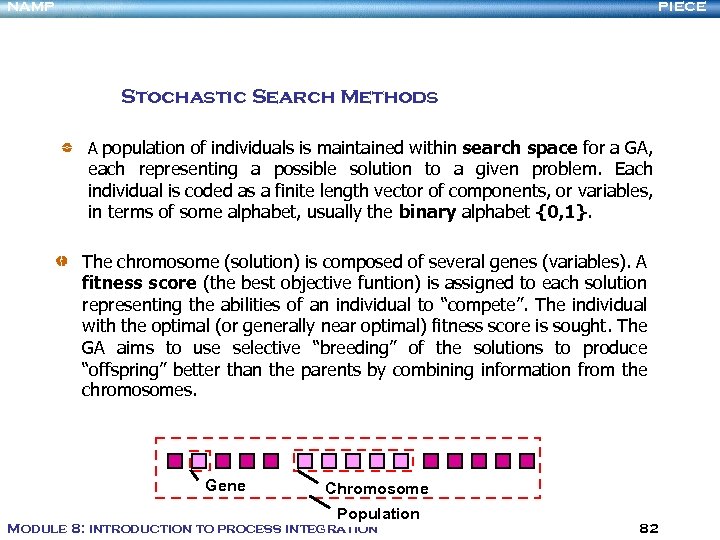 NAMP PIECE Stochastic Search Methods A population of individuals is maintained within search space