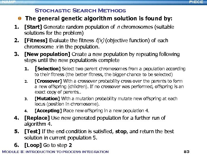 NAMP PIECE Stochastic Search Methods The general genetic algorithm solution is found by: 1.