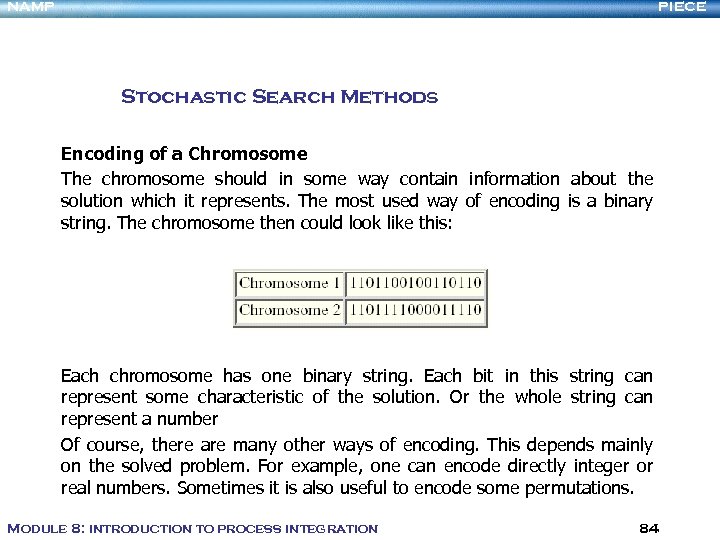 NAMP PIECE Stochastic Search Methods Encoding of a Chromosome The chromosome should in some