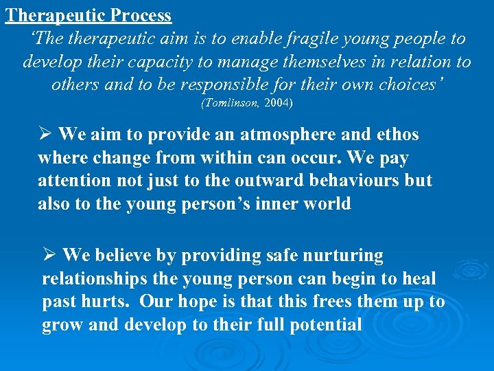 Therapeutic Process ‘The therapeutic aim is to enable fragile young people to develop their