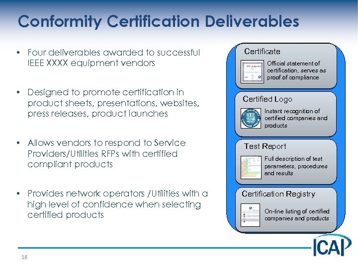 Conformity Certification Deliverables • Four deliverables awarded to successful IEEE XXXX equipment vendors •