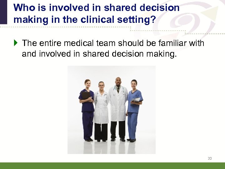 Who is involved in shared decision making in the clinical setting? } The entire