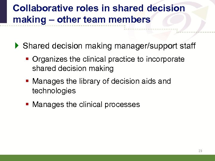 Collaborative roles in shared decision making – other team members } Shared decision making