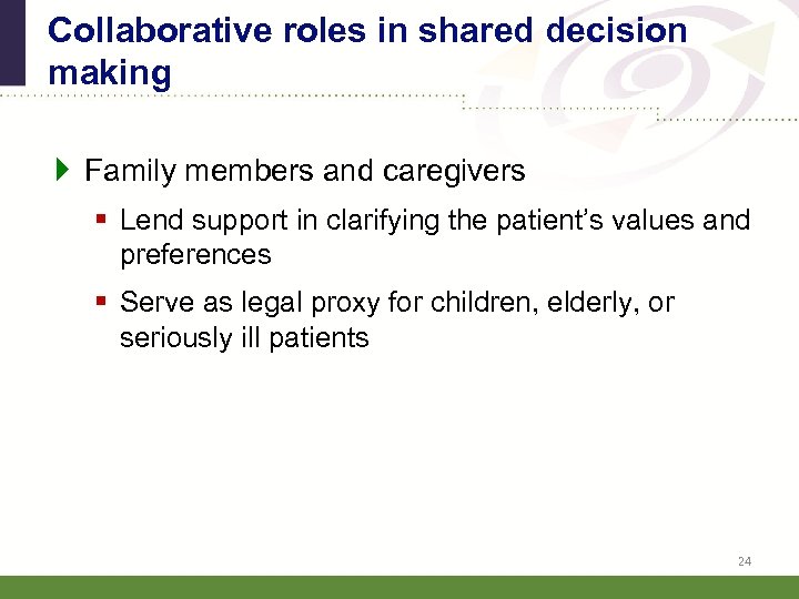 Collaborative roles in shared decision making } Family members and caregivers § Lend support