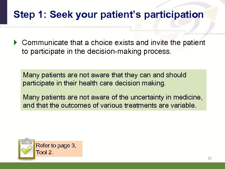 Step 1: Seek your patient’s participation } Communicate that a choice exists and invite