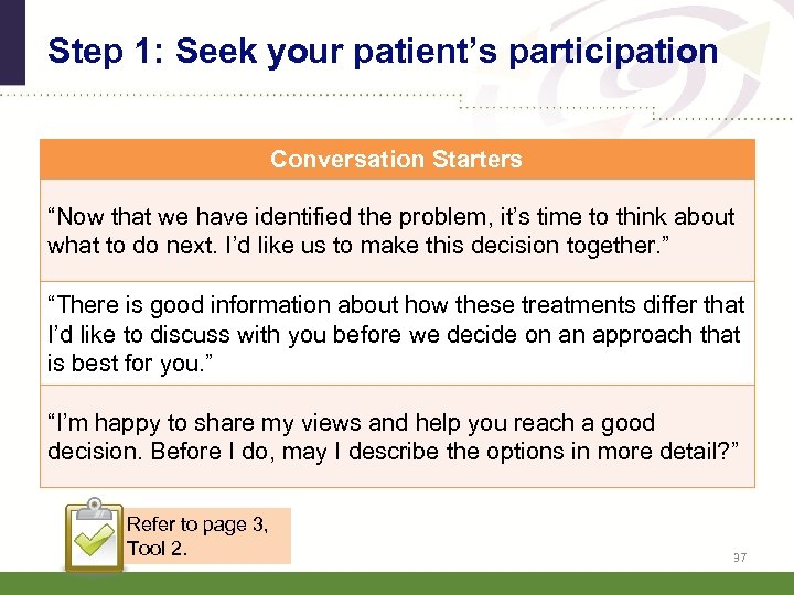 Step 1: Seek your patient’s participation Conversation Starters “Now that we have identified the