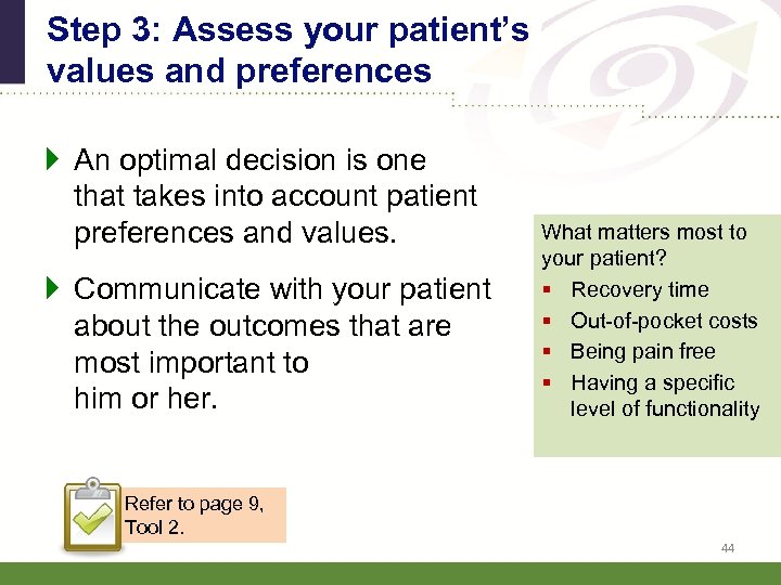 Step 3: Assess your patient’s values and preferences } An optimal decision is one