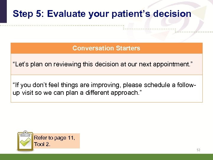 Step 5: Evaluate your patient’s decision Conversation Starters “Let’s plan on reviewing this decision