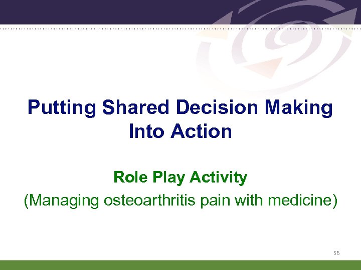 Putting Shared Decision Making Into Action Role Play Activity (Managing osteoarthritis pain with medicine)