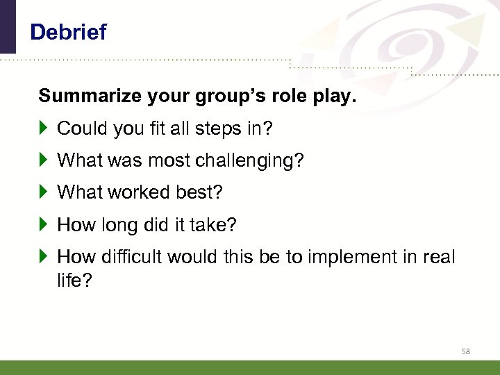 Debrief Summarize your group’s role play. } Could you fit all steps in? }