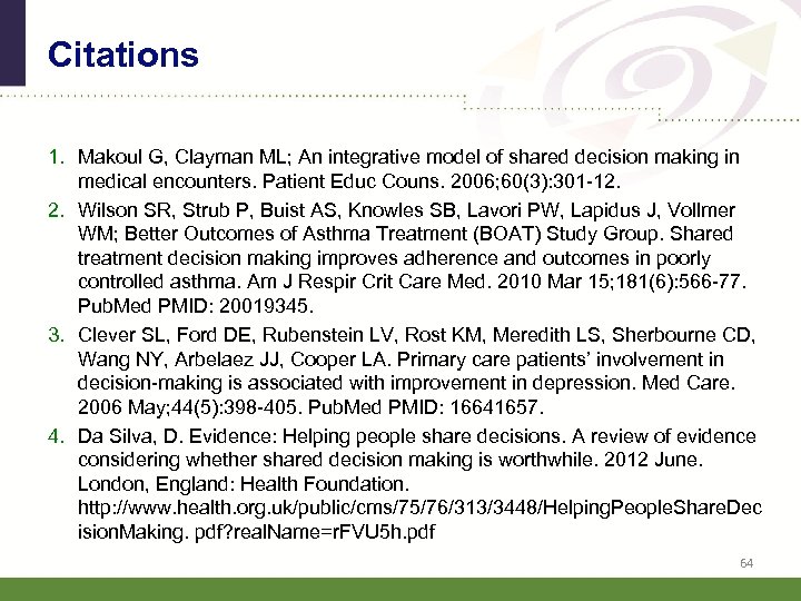 Citations 1. Makoul G, Clayman ML; An integrative model of shared decision making in