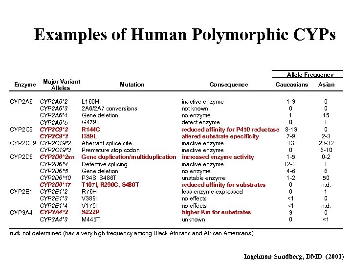 Examples of Human Polymorphic CYPs Allele Frequency Enzyme CYP 2 A 6 Major Variant